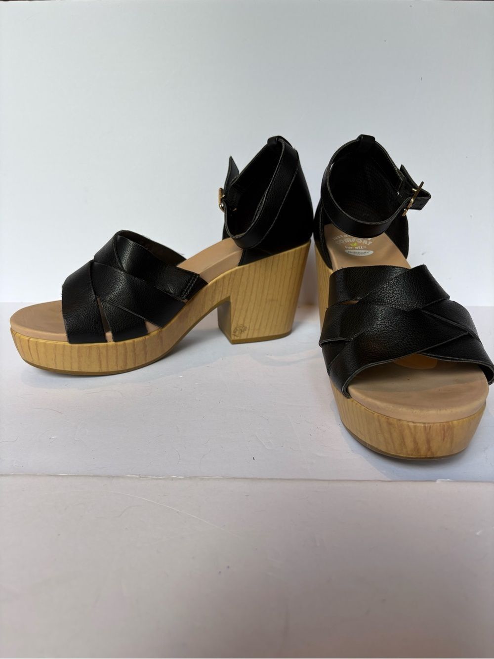 Dr. Scholls Women's Black Faux-Leather Platform Sandals with Ankle Strap Size 8.